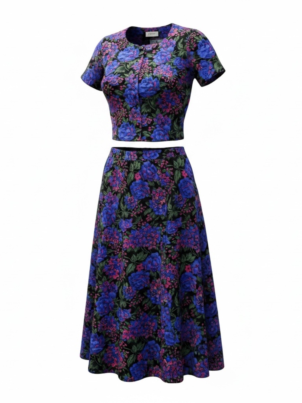 Floral Blue & Black Two-Piece Skirt Set